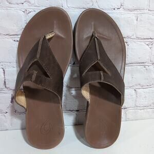 OluKai Lala Sandals Womens 8 Brown Leather Thong Flip Flop Shoes Beach Casual